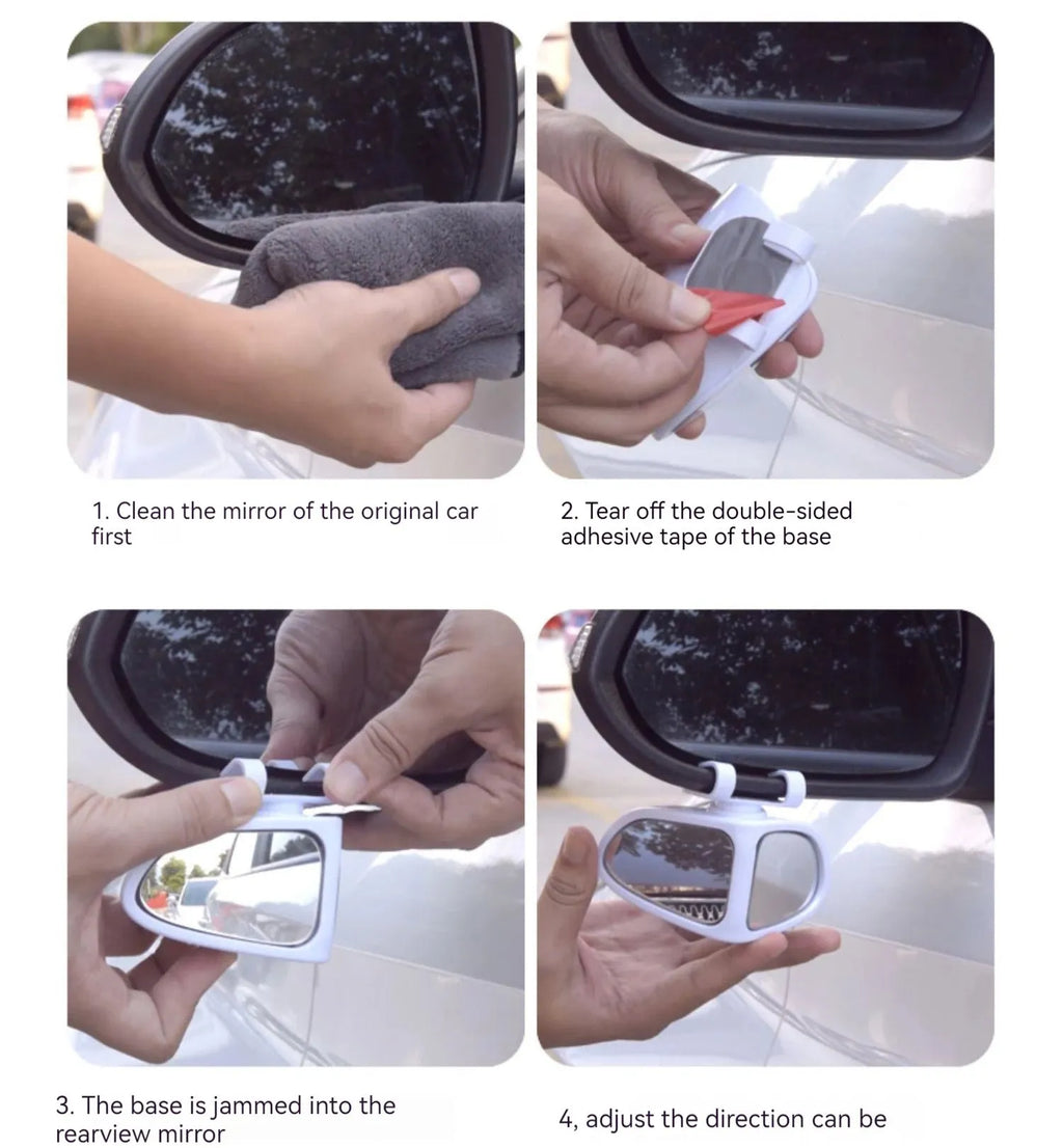 Small round wide-angle car reversing mirror with adjustable joint and adhesive backing.