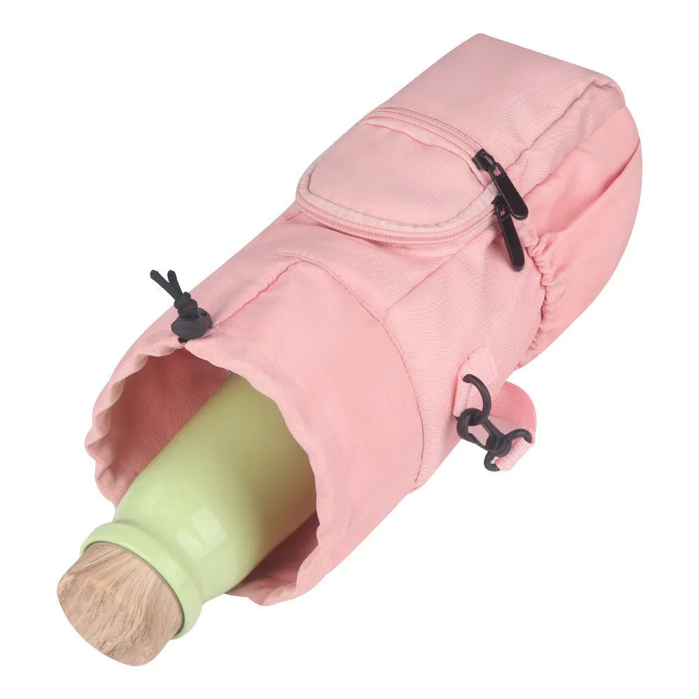 Cloth water bottle pouch with crossbody strap in black, green, and pink colour options.