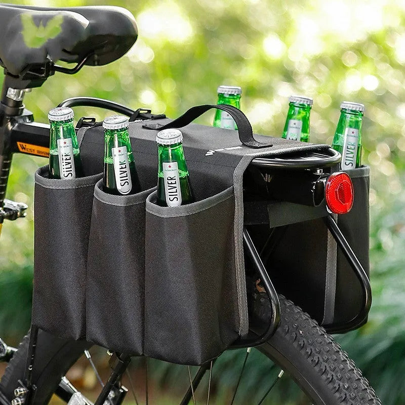 Black and blue orange bicycle double-sided anti-scratch shelf bag mounted on bike frame showing drink storage capacity