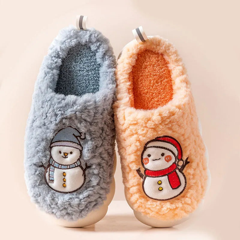 Cute snowman winter slippers in plush material with thick anti-slip PVC sole on indoor floor