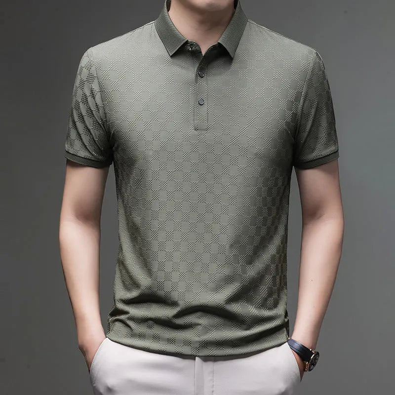 Rhombus pattern thin ice silk short sleeve T-shirt with slit detail in chemical fibre blend fabric