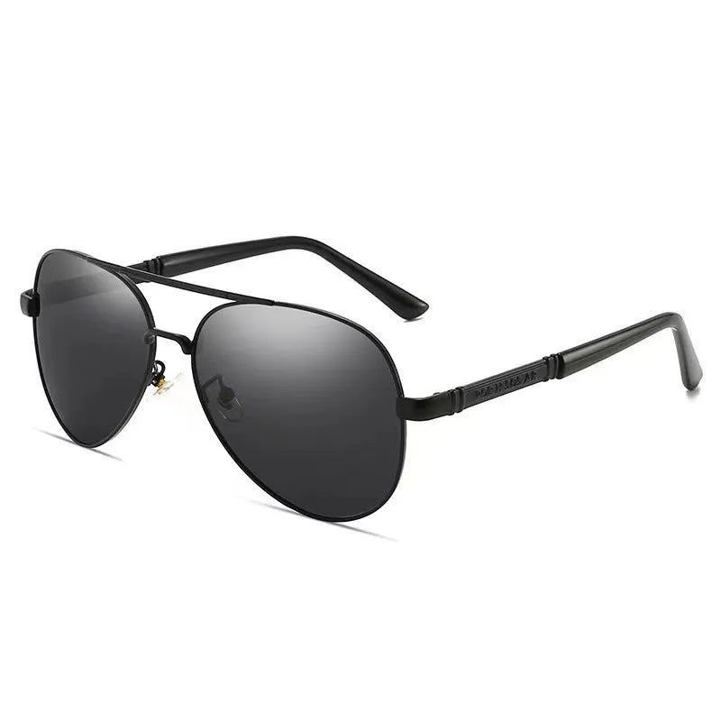 Men's polarised sunglasses with a gold metal frame and grey lenses featuring dragon and phoenix decoration.