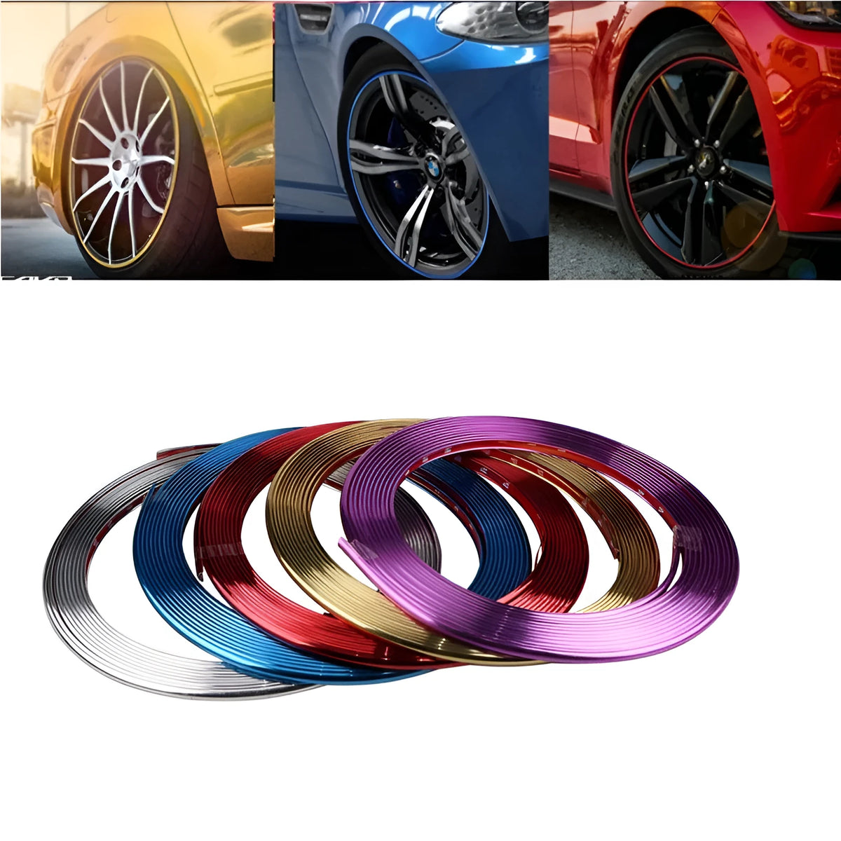 Galvanised purple PVC wheel hub trim on car wheel showing decorative application