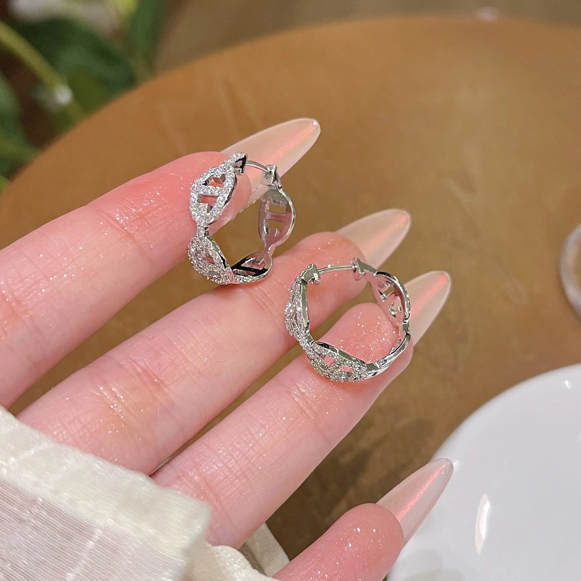 Women's casual diamond earrings with thick gold electroplated finish in silver, gold, and rose gold options.