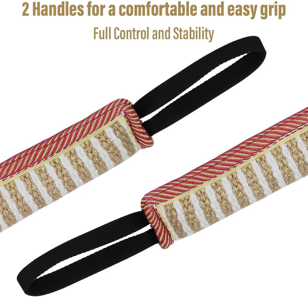 Beige jute dog tug toy with two handles, measuring 30cm long for interactive training