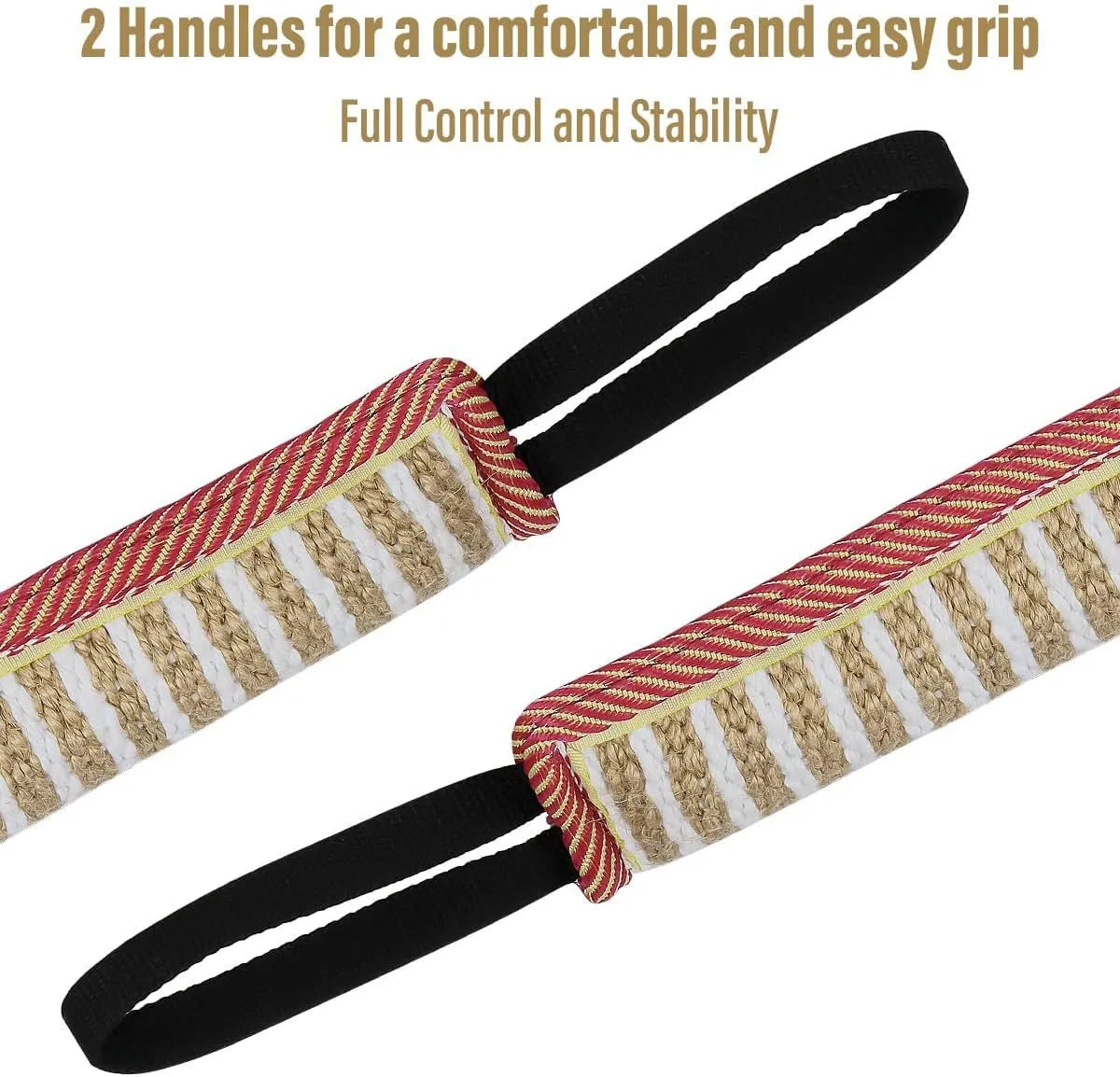 Beige jute dog tug toy with two handles, measuring 30cm long for interactive training