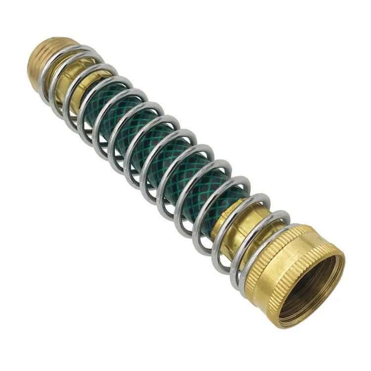 Brass garden hose sprinkler connector with spiral spring mechanism and threaded joints