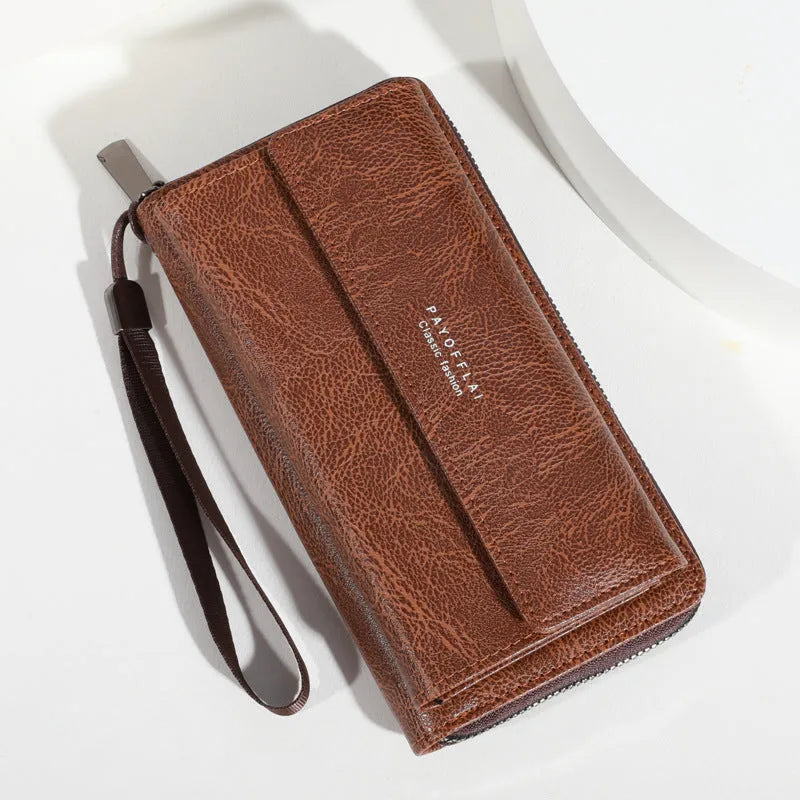 Men's black PU long wallet open to show multiple card slots and coin compartment.