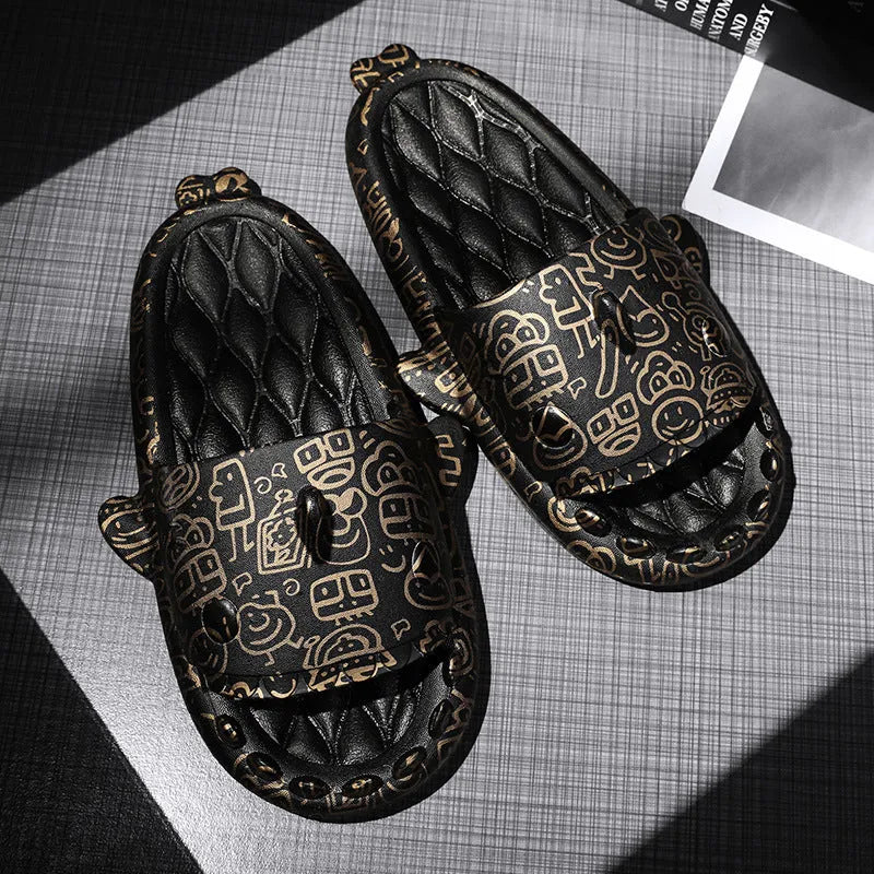 Open-toe shark design couple slippers in EVA material on a white background.