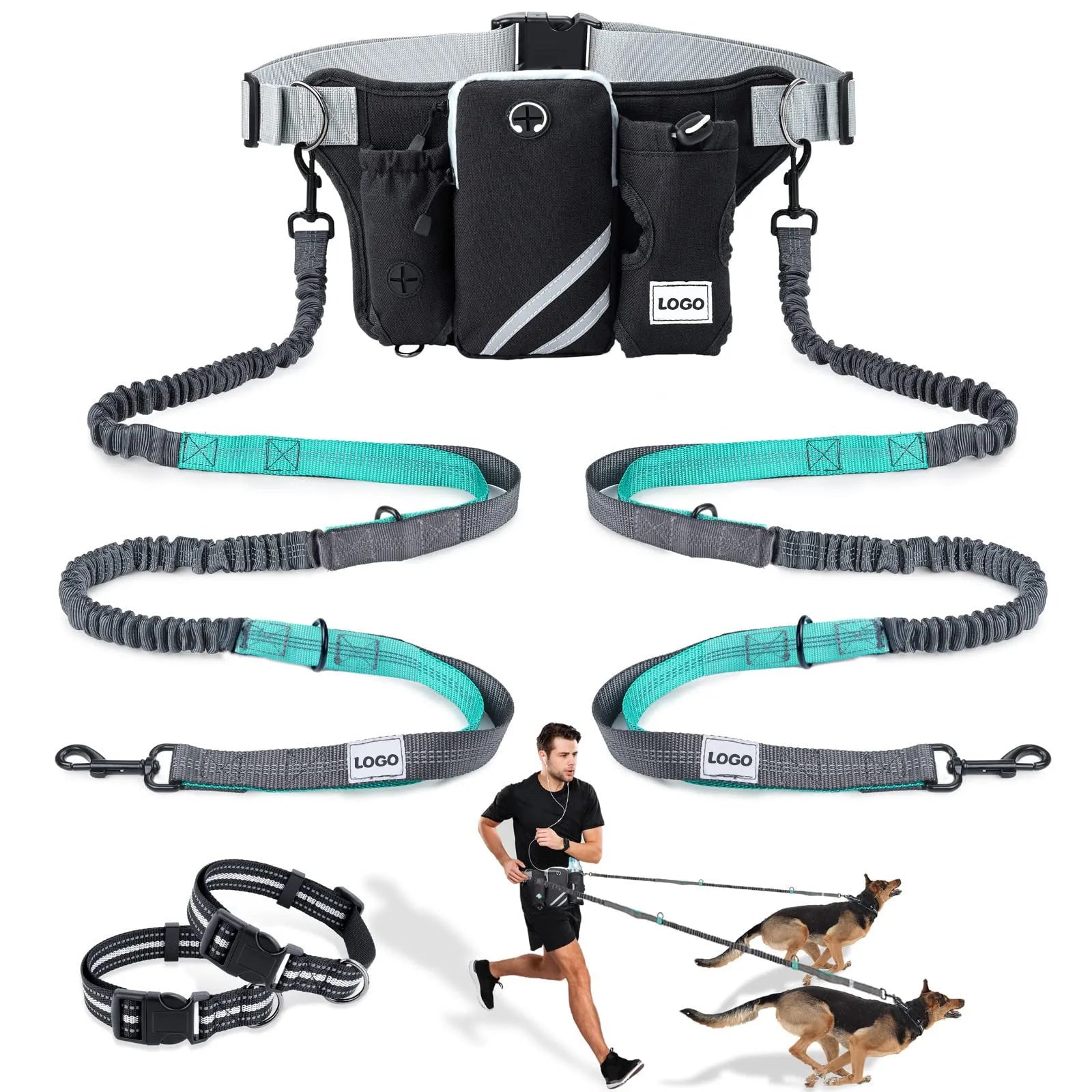 Black nylon outdoor pet training waist bag with attached dog leash and collar set