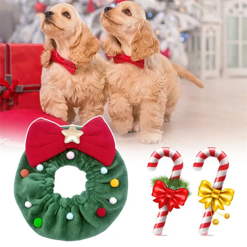 Red bow-knot Christmas pet collar scarf with colourful fuzzy balls on a cat or dog, four sizes available