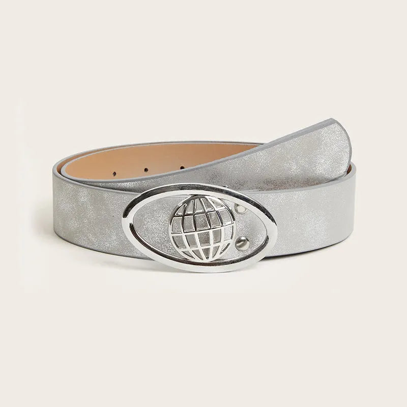 Retro thick women's belt with oval buckle in earth grey white colour