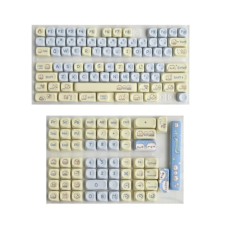 Set of three PBT key caps with sublimation printed character designs in Taro Kitten Moa, Light Green Panda Moa, and Kitty Moa colours