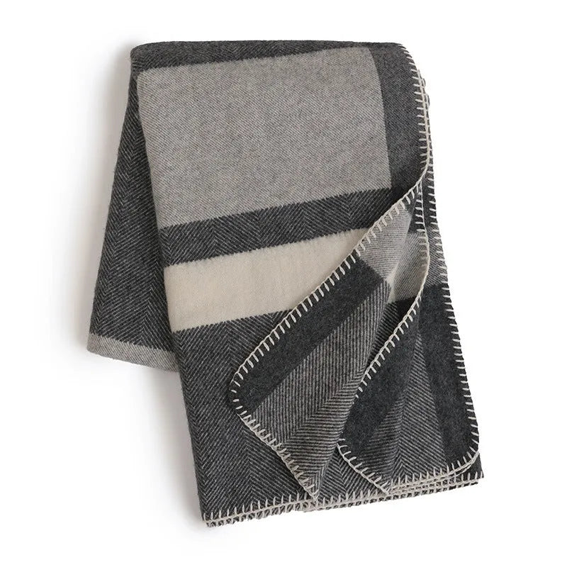 Wool jacquard twill striped camping rug blanket in Carbon Black without belt, modern simplicity style