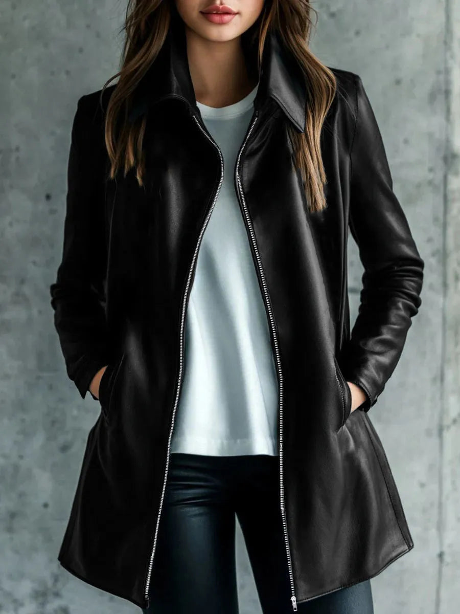 Solid black women's leather jacket with medium 65cm length and long sleeves