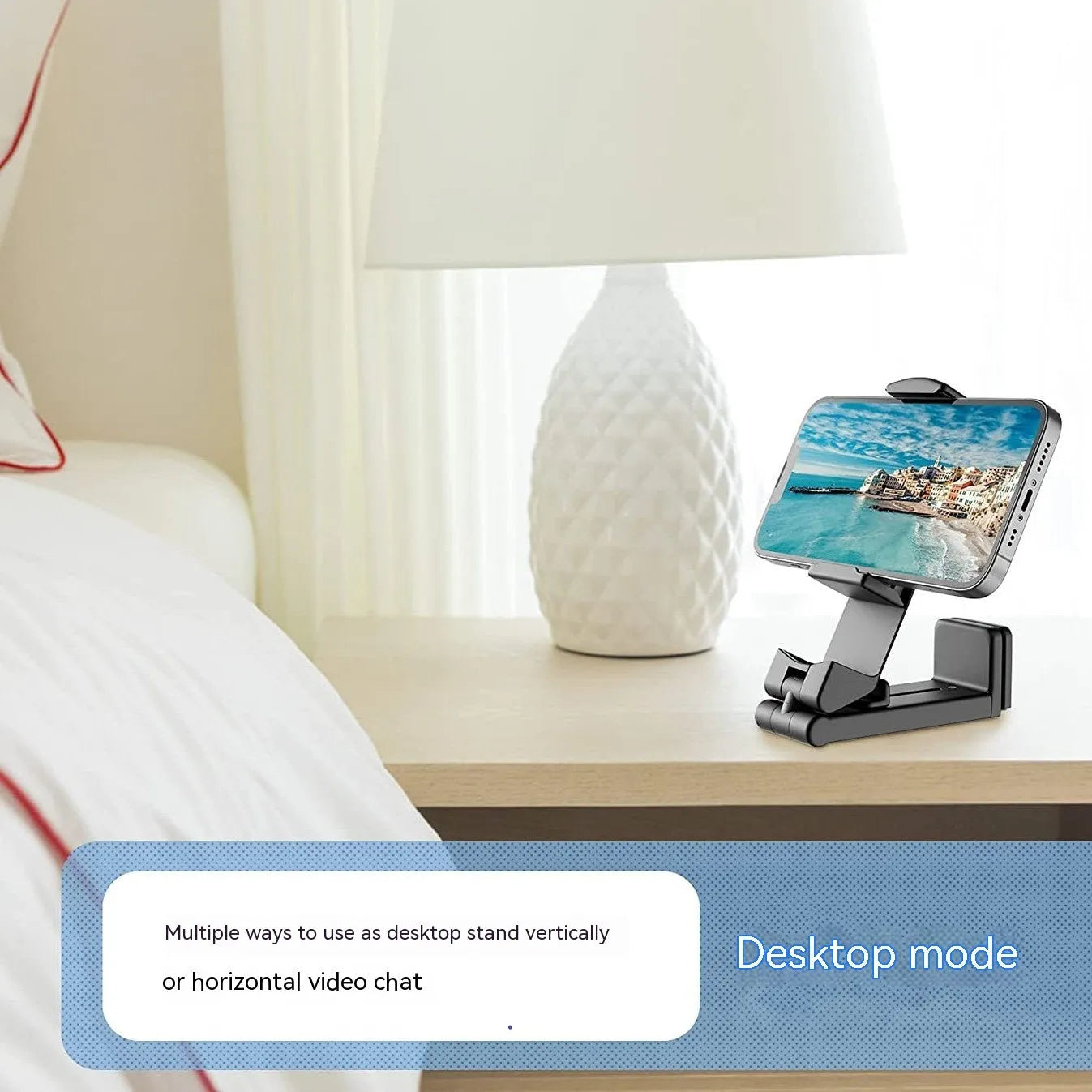 Black foldable universal phone holder with rotating body stand for mobile devices