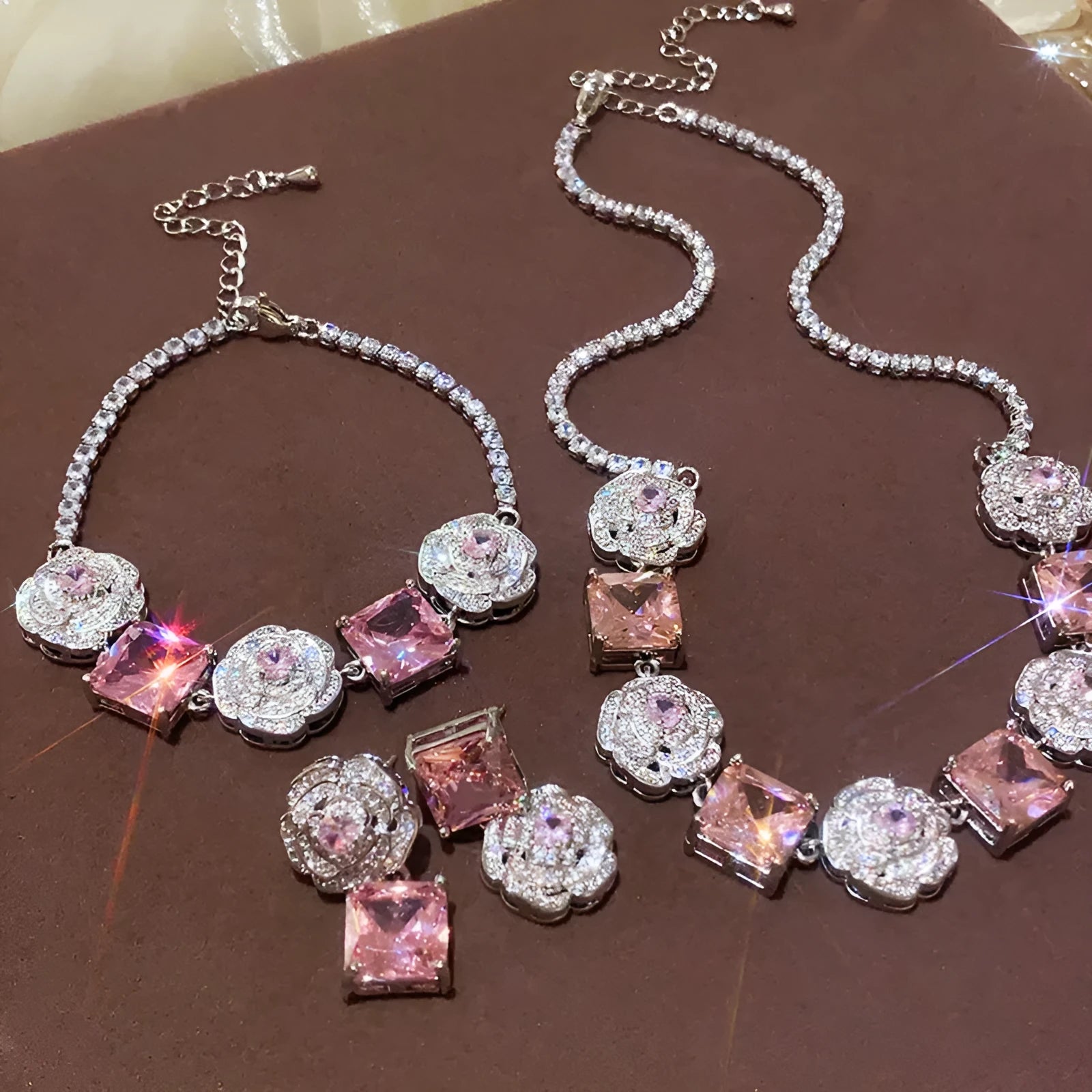 French flower square zircon necklace copper pendant clavicle chain silver-pink 41-50cm