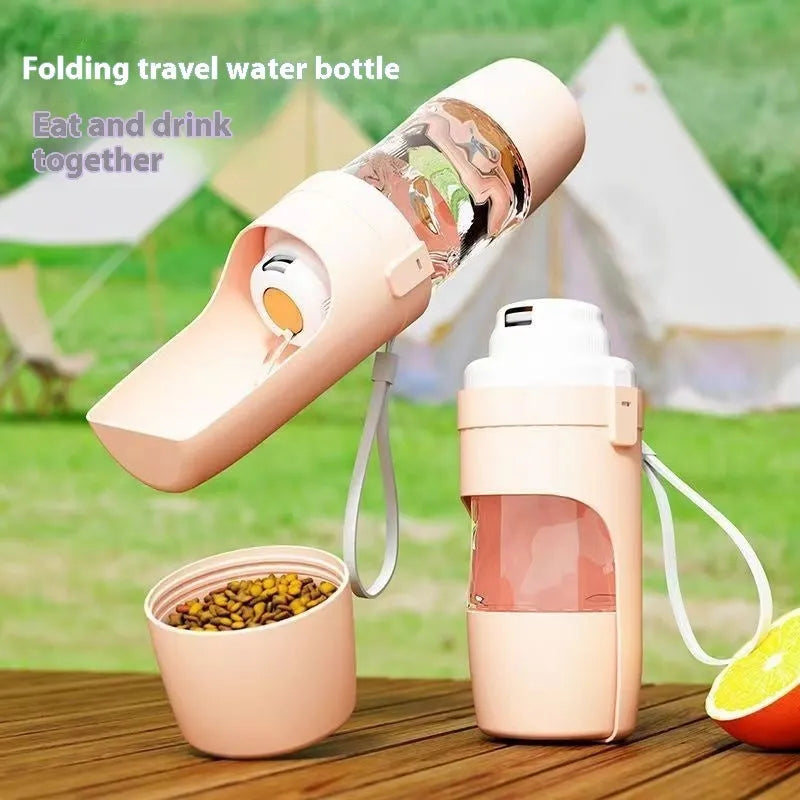 2-in-1 travel dog water bottle with feeder showing grey colour option with lanyard attachment