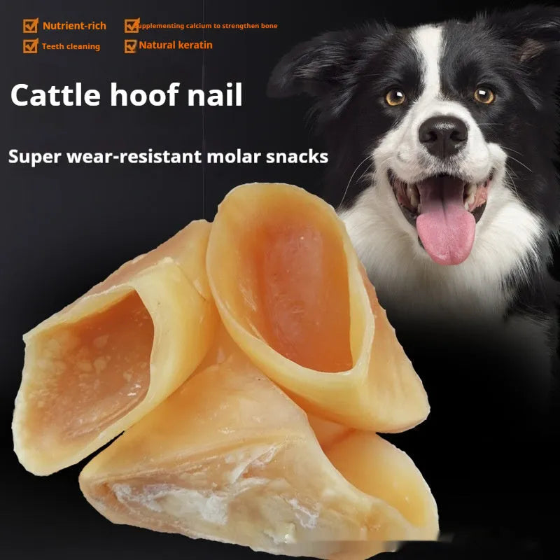 Natural cowhide dog chew toy with hoof shell appearance, shown in two size options for different dog breeds
