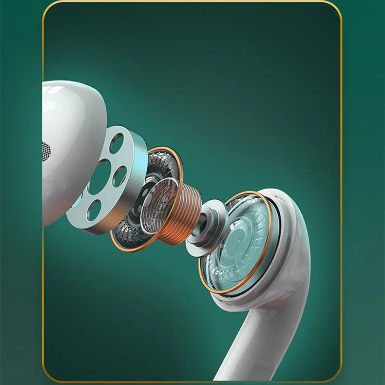 White Budz5 wireless Bluetooth earbuds nestled inside their matching white charging case.