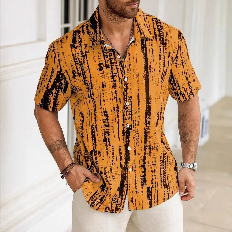 Men's striped short sleeve casual shirt with 3D printed pattern in anti-wrinkle polyester fabric