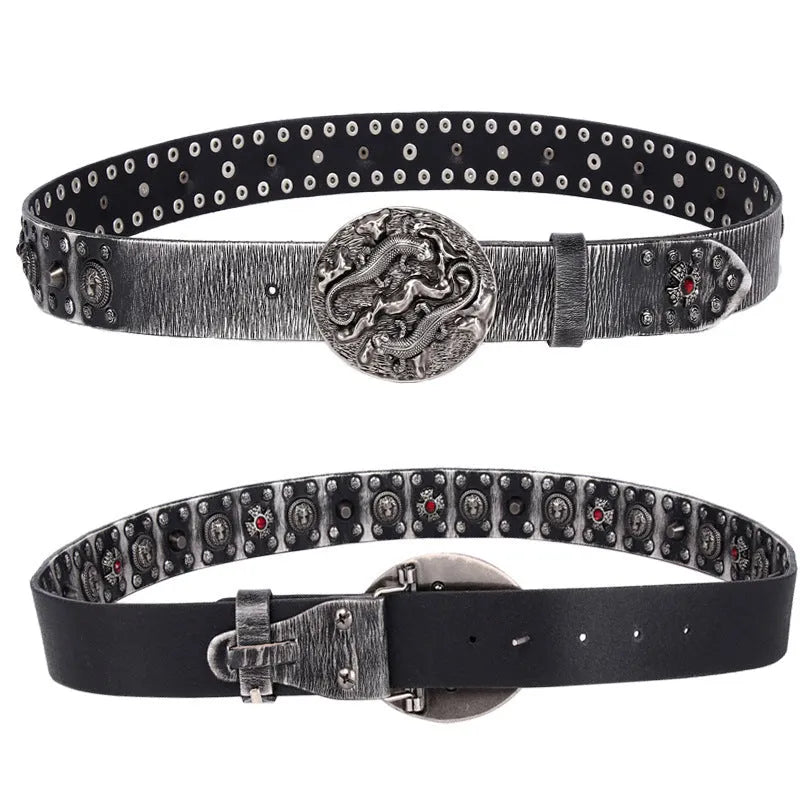 Men's genuine leather belt with punk rivet details and an alloy buckle in a retro colour.