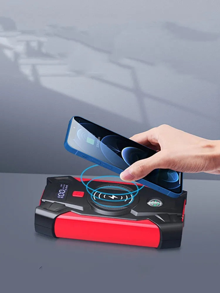 Red 12V car emergency jump starter power pack with digital display and air pump, showing 39800W output.