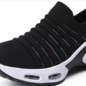 Women's stretch knitted socks shoes with mesh upper in dark blue colour showing round toe shape