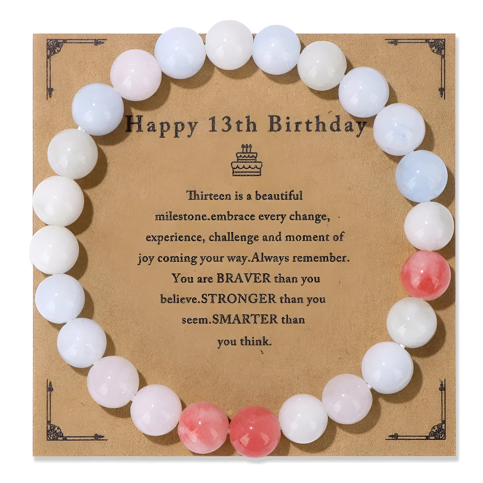 Men's natural stone beads elastic string bracelet 19cm length with birthday card on neutral background