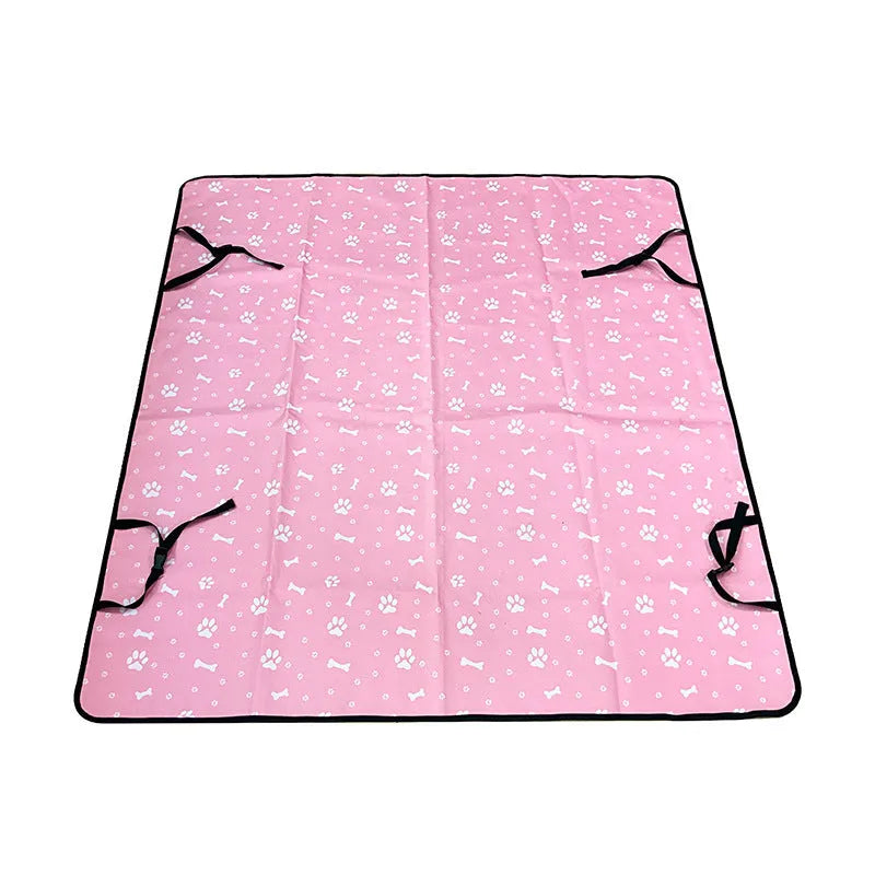 Water resistant cloth car pet mat for the rear seat, shown in a grey dog footprint print design.