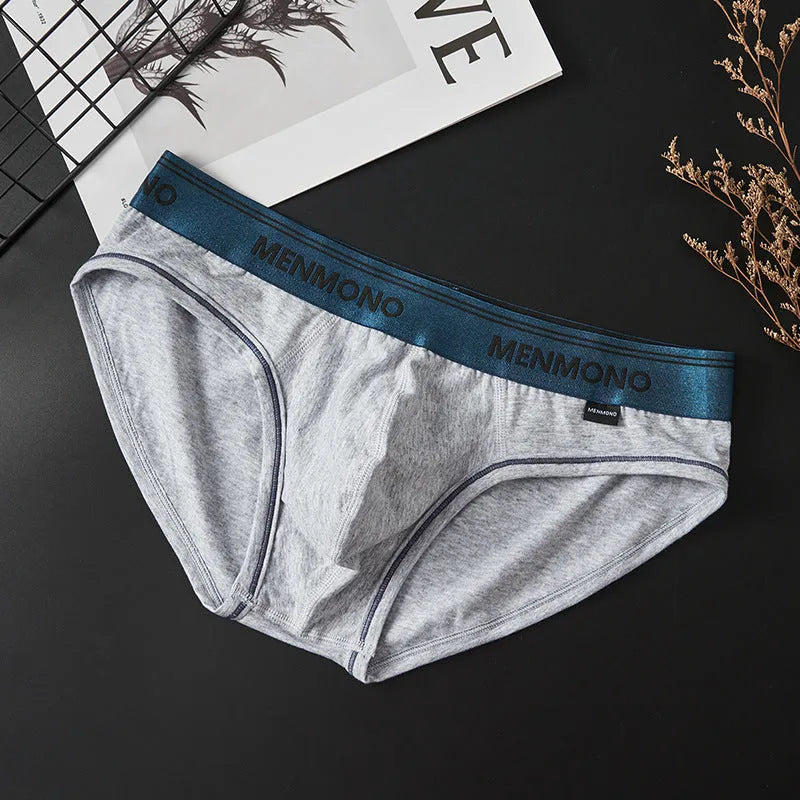Men's low-waist cotton briefs showing colour options including white/blue, black/red, and grey/green