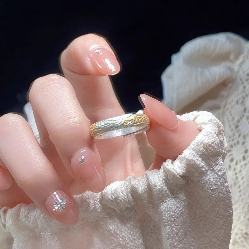 White copper xiangyun pattern adjustable ring with electroplated silver and gold finishes
