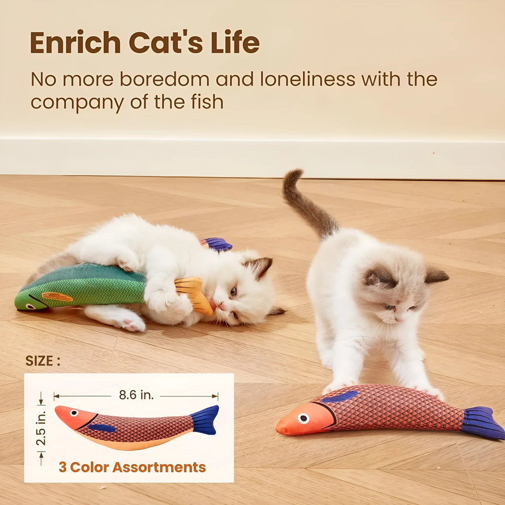 Soft plush fish cat toy in green with organic catnip filling for interactive play