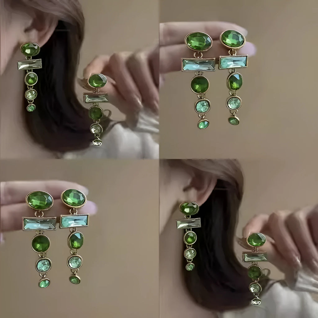 A pair of green gradient geometric drop earrings with alloy tassels and an inlaid zircon stone.