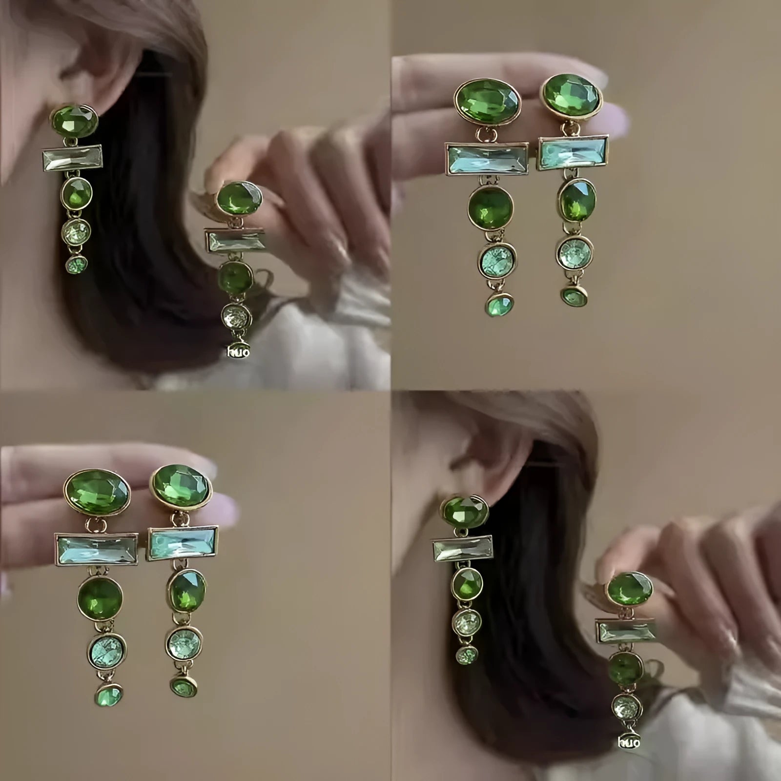 A pair of green gradient geometric drop earrings with alloy tassels and an inlaid zircon stone.