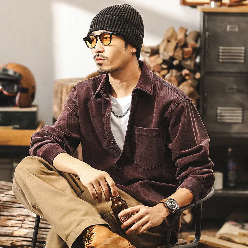 Men's retro-style corduroy casual jacket in red, shown in a loose long-sleeved fit.