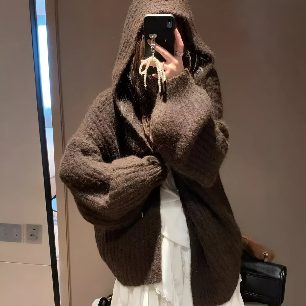 Retro style women's hooded cardigan in dark grey, shown loose-fit as a casual outer layer.