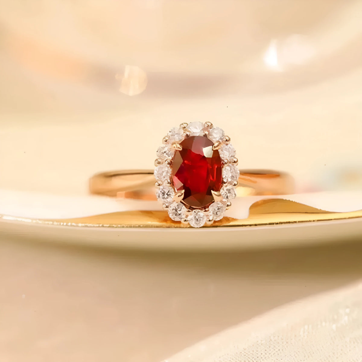 Gold Pigeon women's silver ring with red gemstone and floral gold inlaid pattern.