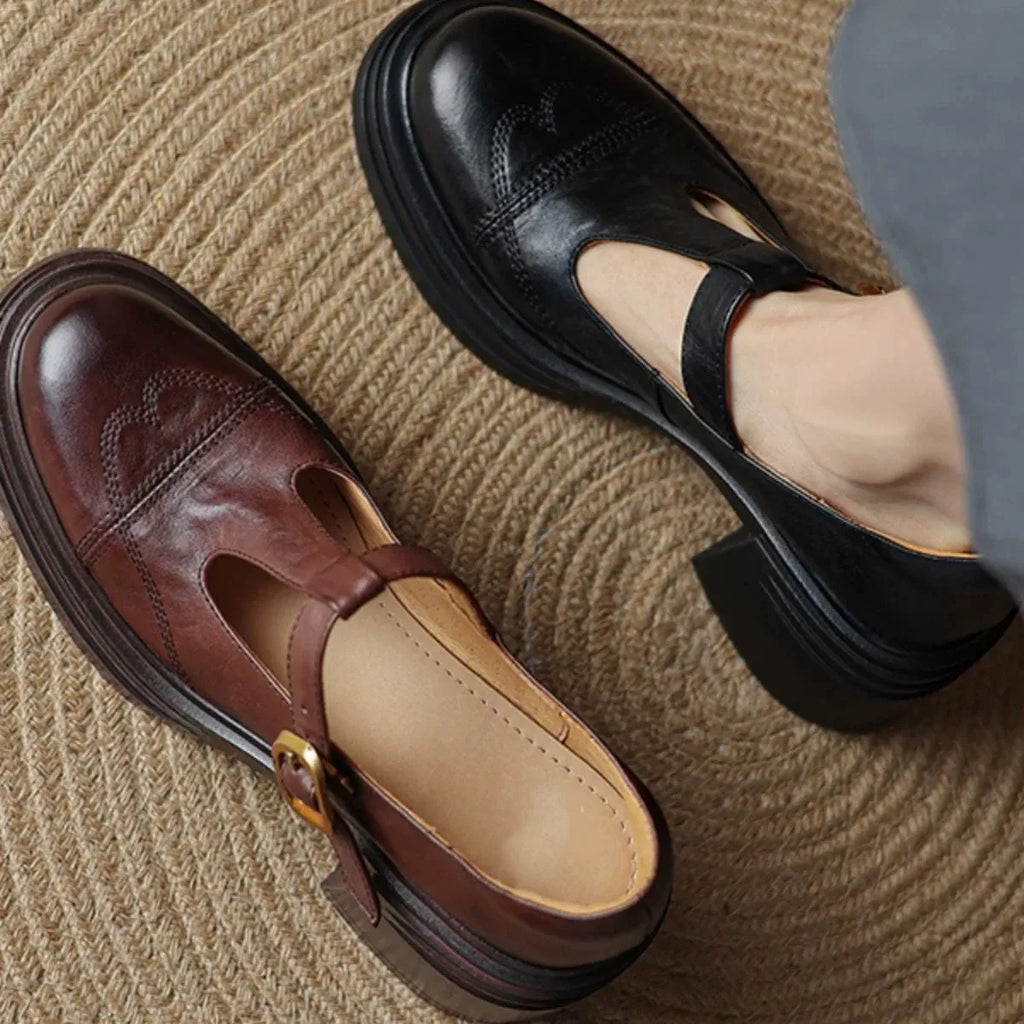 Soft leather Mary Jane pumps with chunky heel and belt decoration in black and brown, round toe, sizes 34-40