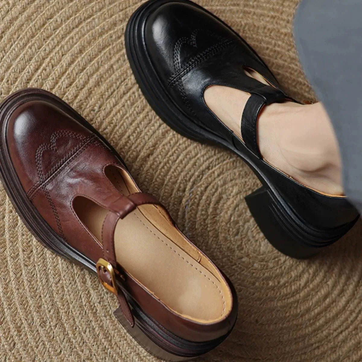 Soft leather Mary Jane pumps with chunky heel and belt decoration in black and brown, round toe, sizes 34-40