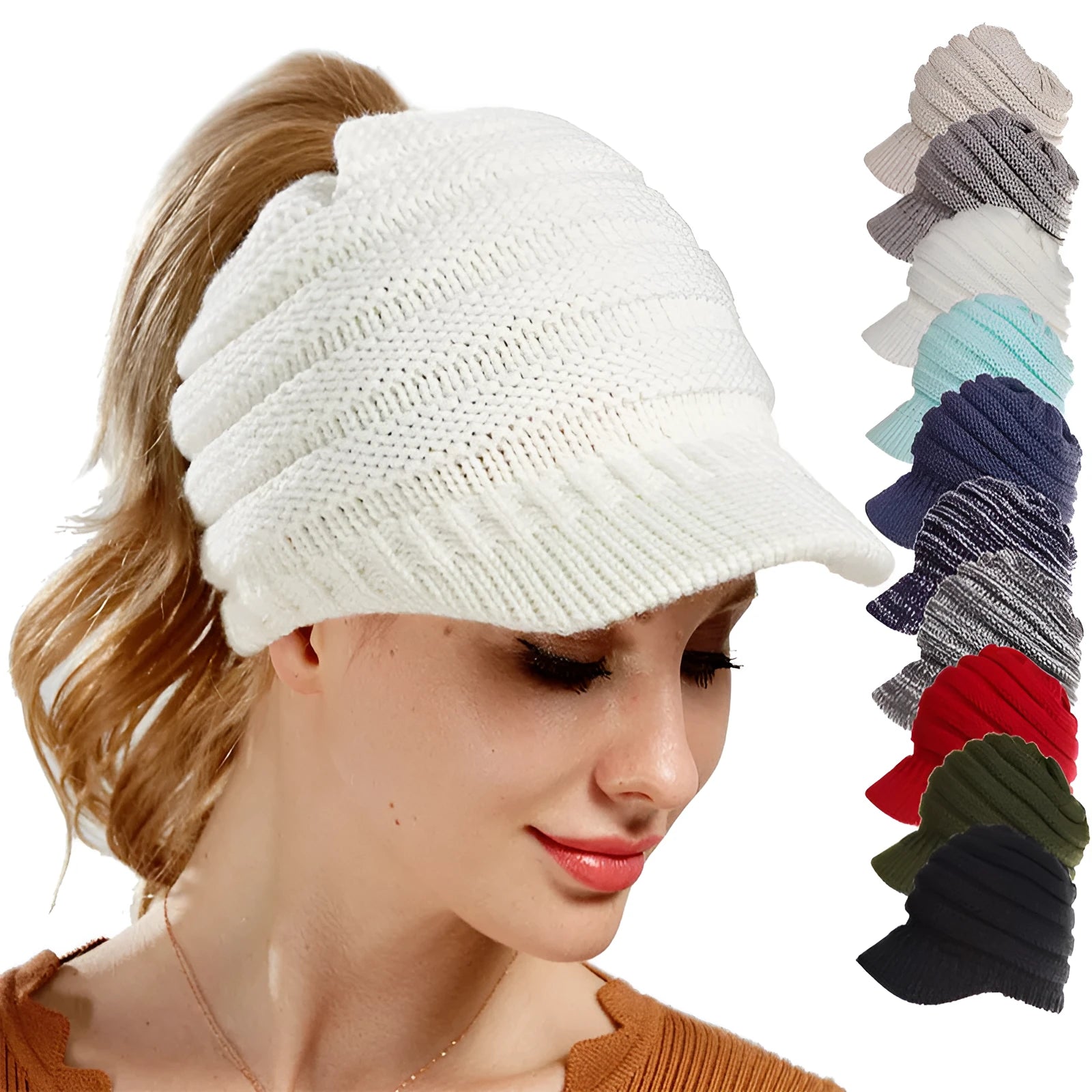 Women's knitted beanie with ponytail hole in acrylic yarn for winter wear