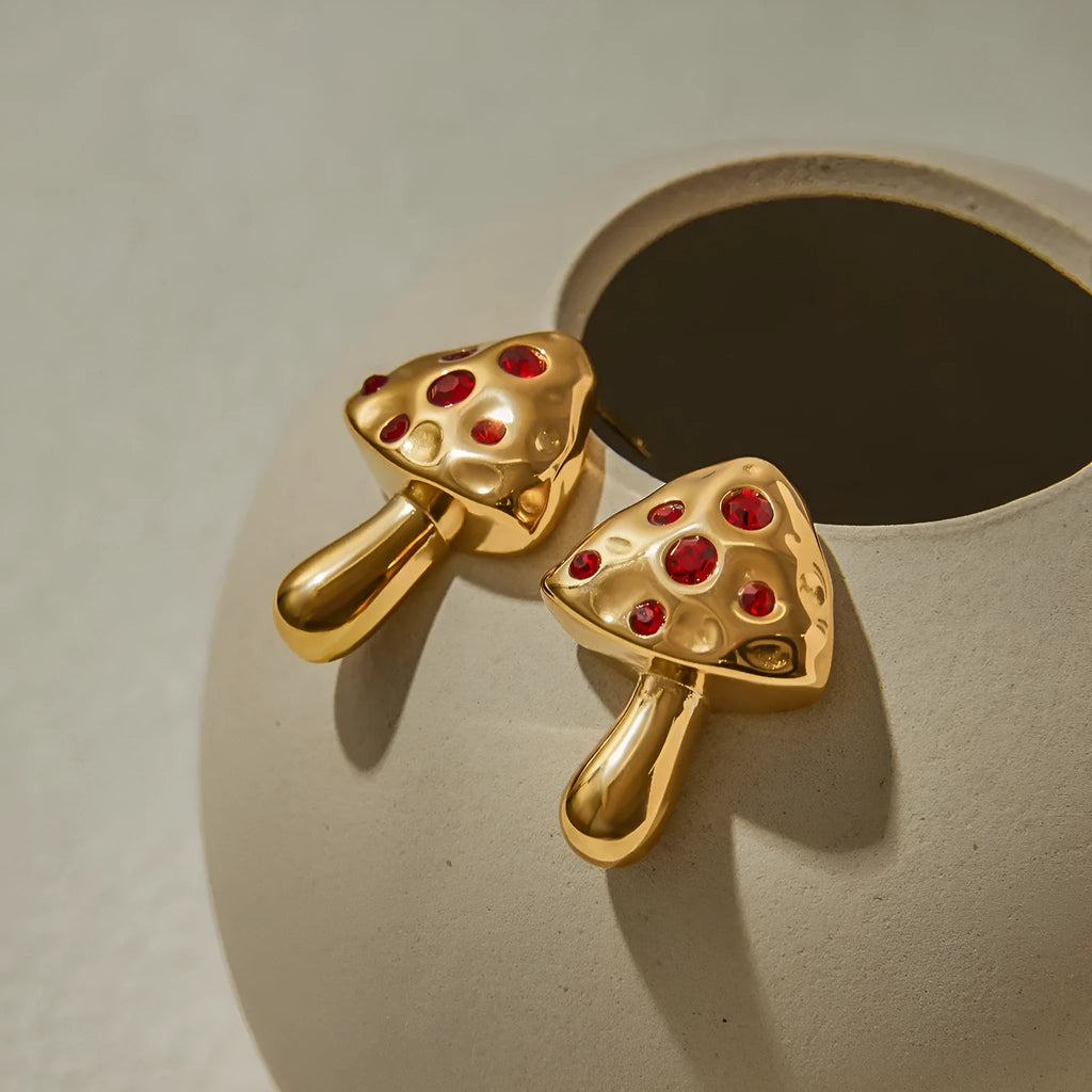 Mushroom titanium steel earrings with inlaid zircon and geometric shape in colour JDE0303001