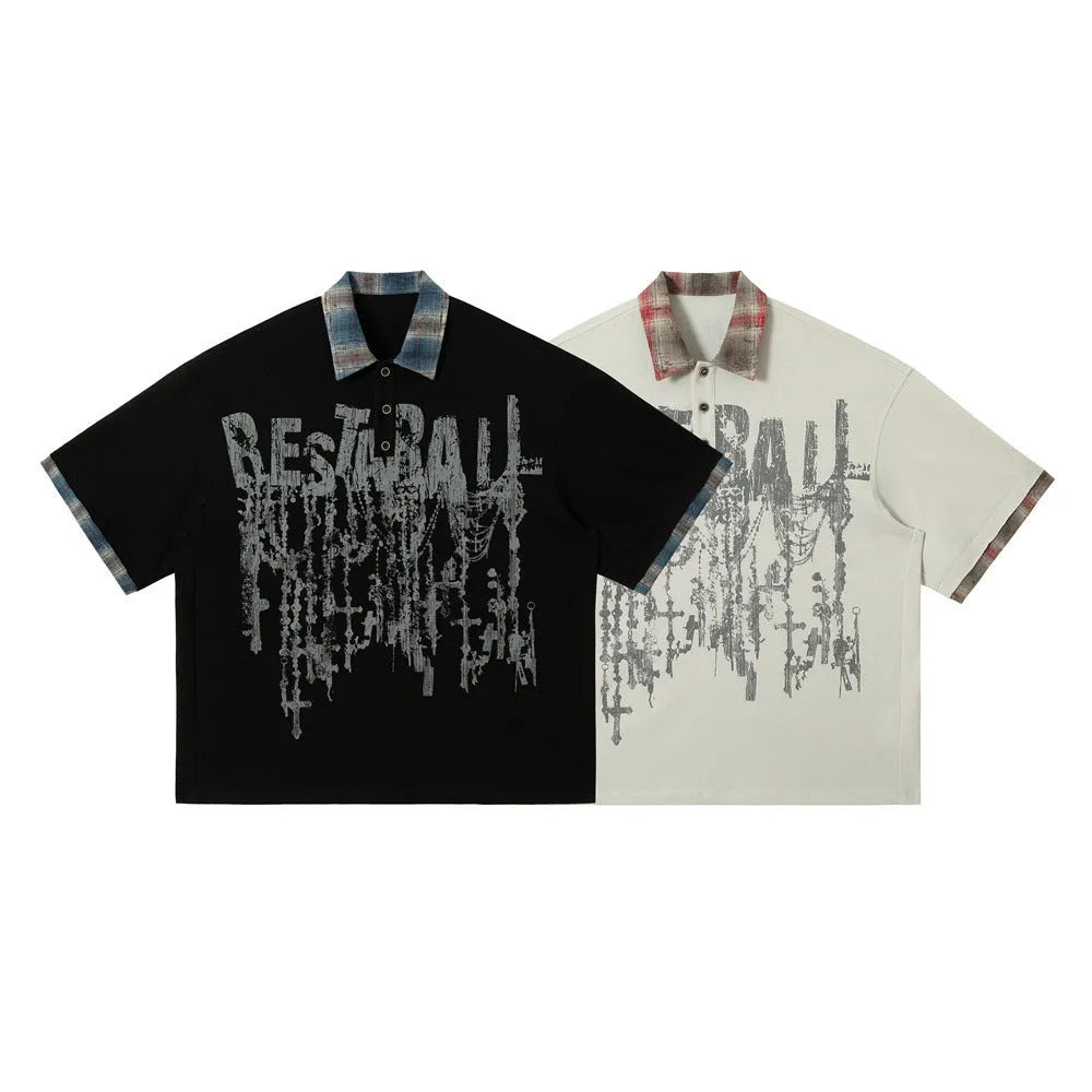 Men's loose blue cotton top with graffiti print on lapel and asymmetrical streetwear design.