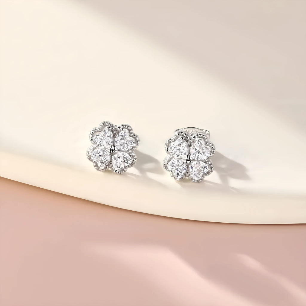 Women's 925 sterling silver heart earrings with four-leaf clover design and white gold colour finish
