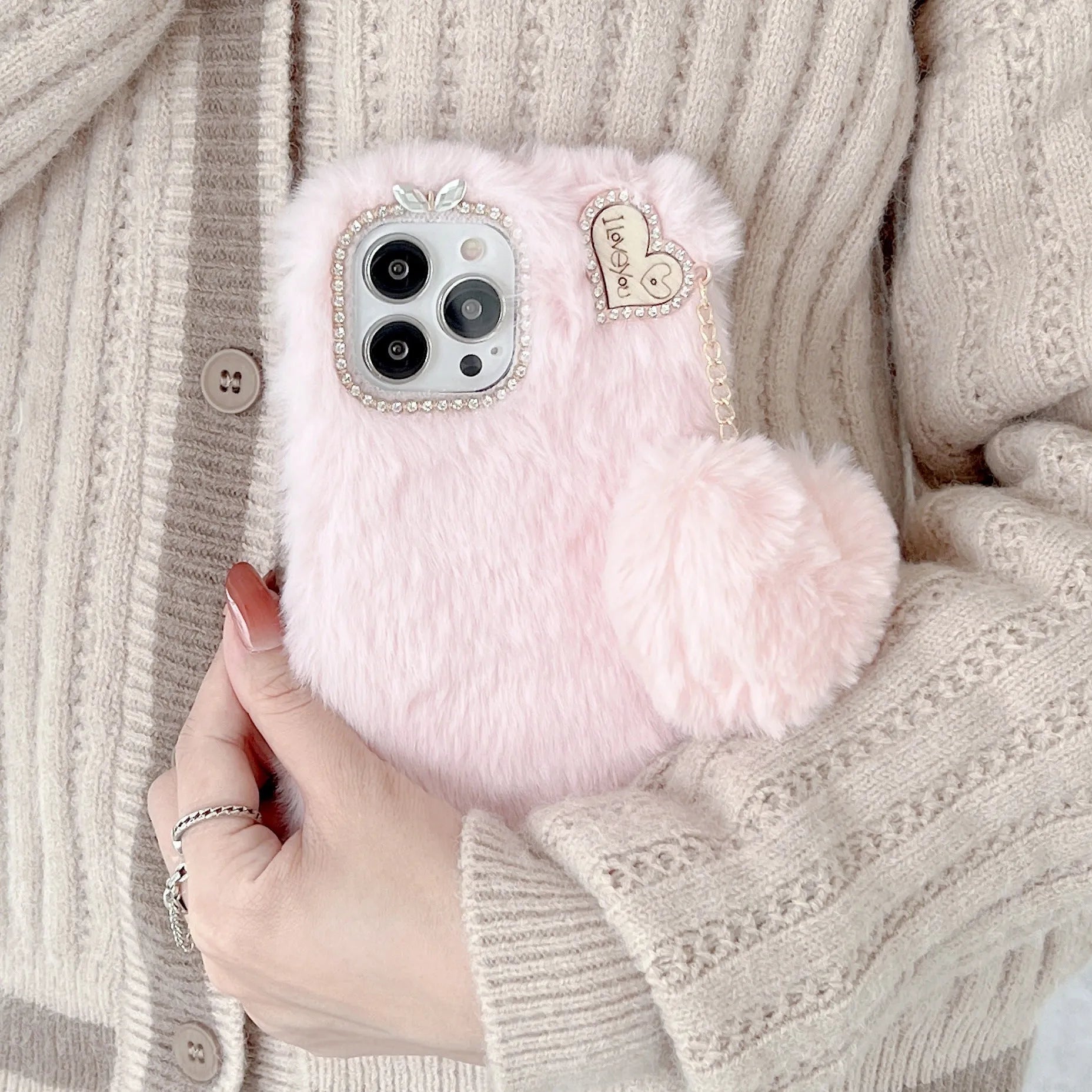 Winter plush solid colour back cover for iPhone 11 in pink