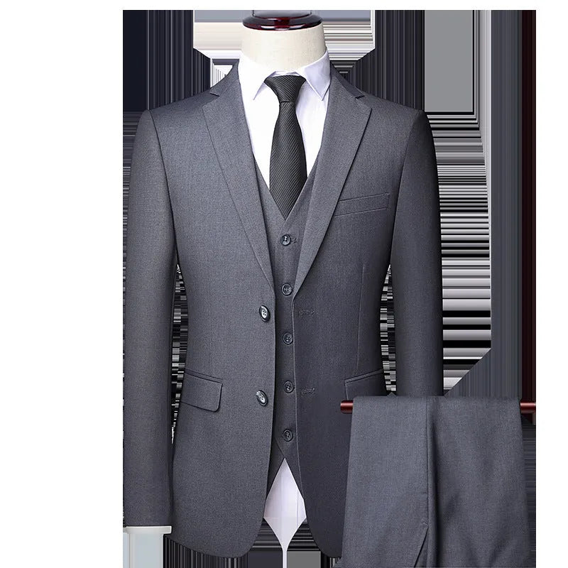 Men's South Korean-style slim-fit business two-button suit set in gray colour showing coat and trousers