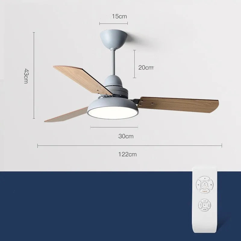 Nordic ceiling fan light with wooden blades and acrylic lampshade in white, available in 42Inch or 48Inch
