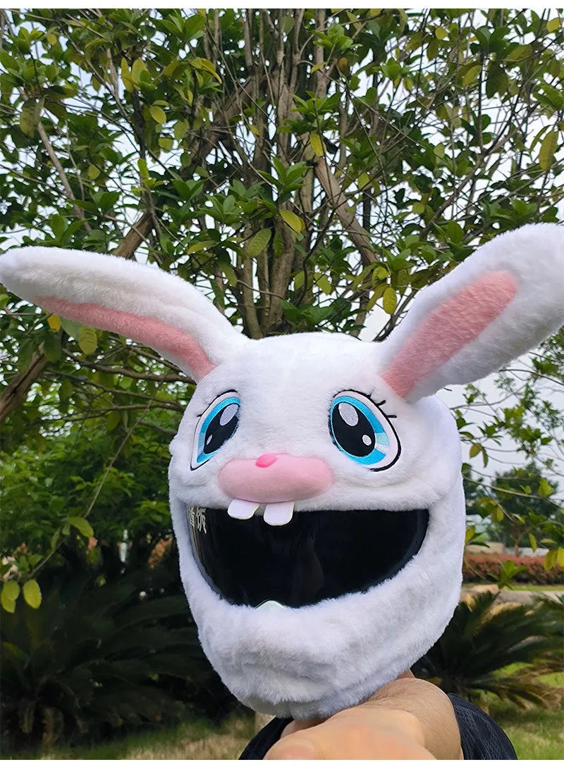 White long-eared rabbit head helmet cover for electric motorcycle with plush pp cotton material