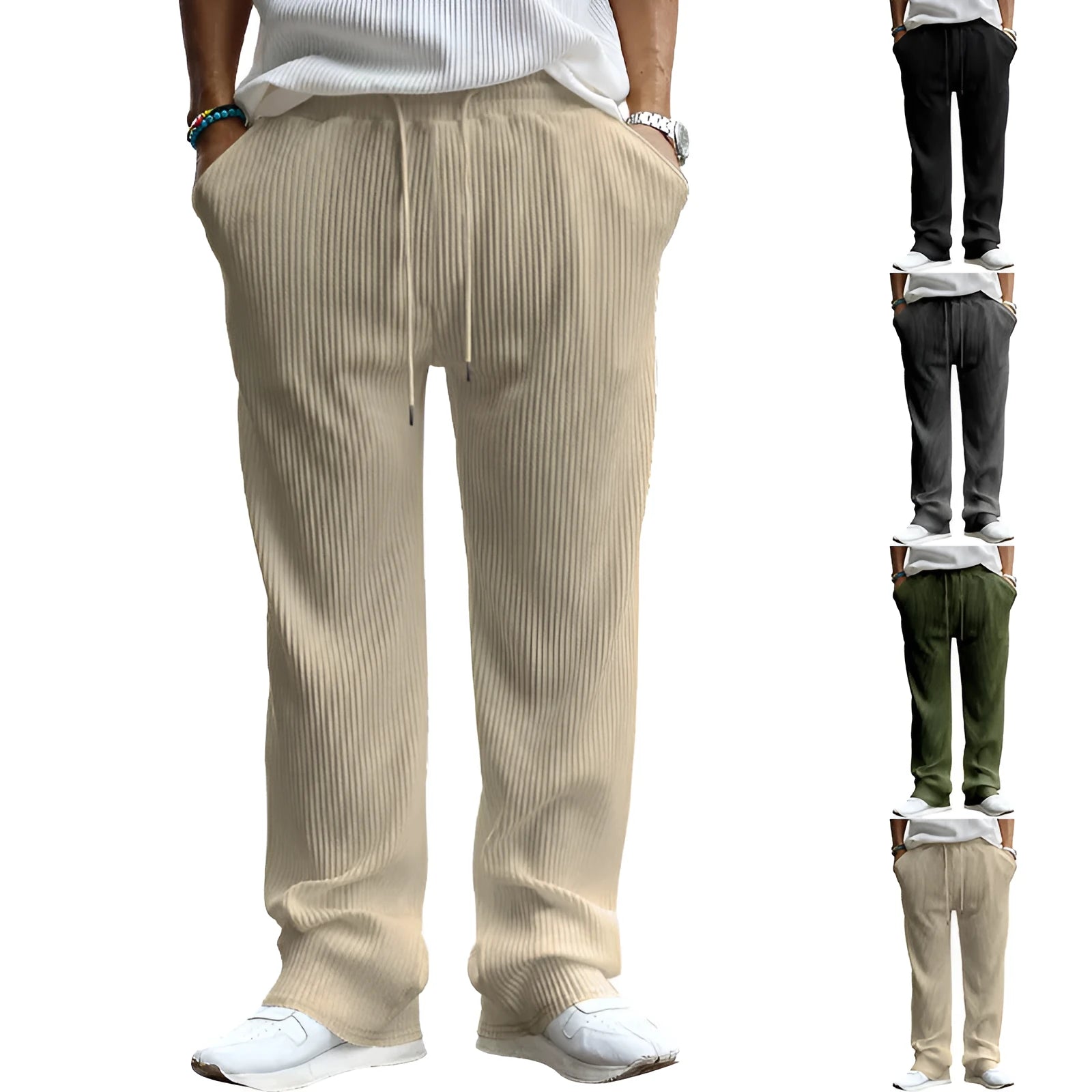 Men's loose straight leg trousers with high waist in army green colour