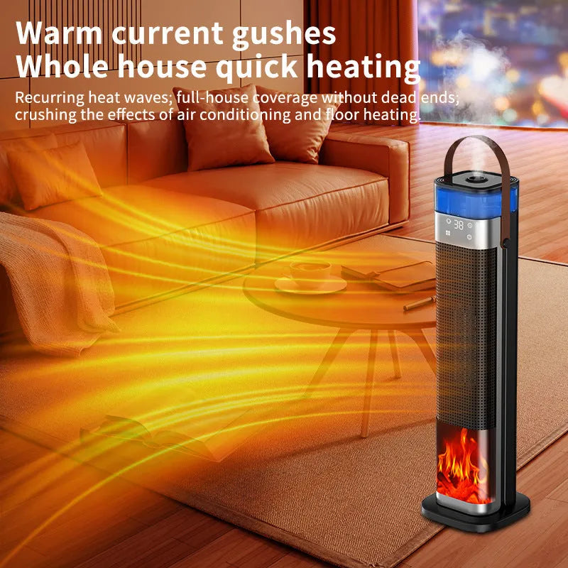 Tall, slim vertical heater with humidification function and a remote control on a wooden floor.